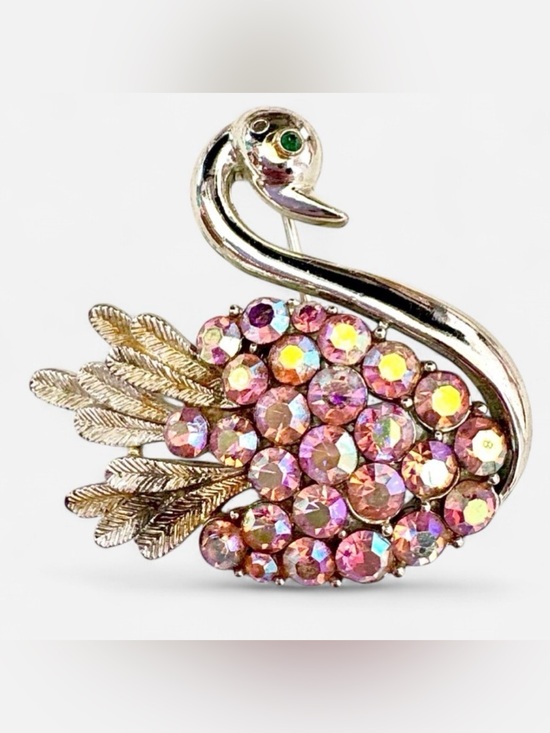 Coro Jewelry - Coro Vintage Swan Rhinestone Brooch Pink Aurora Borealis (AB) Two Tone Retro Pin